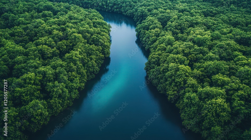 Aerial View of Serene River Flowing Through Lush Green Mangrove Forest