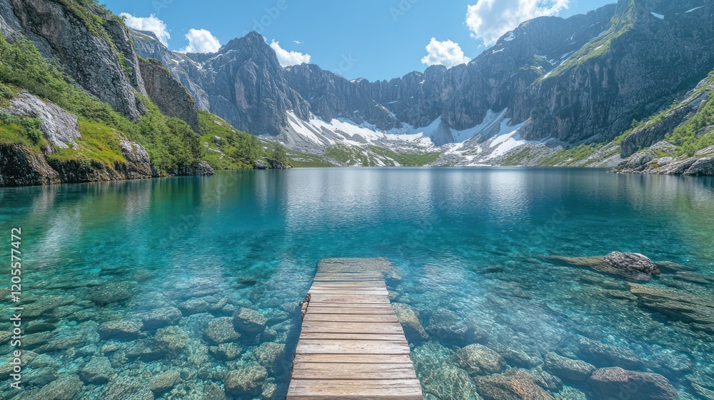 Serene Mountain Lake with Crystal Clear Water and Wooden Dock Serene Mountain Lake with Crystal Clear Water and Wooden Dock