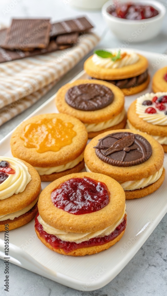 Assorted Sandwich Cookies Displayed on Platter with Fresh Berries Assorted Sandwich Cookies Displayed on Platter with Fresh Berries
