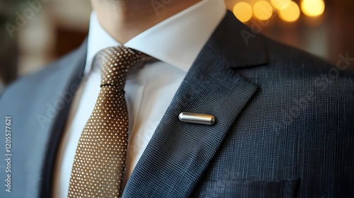 A man wearing a suit and tie with a pin on his lapel