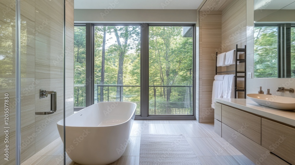 Fototapeta premium A contemporary bathroom with clean, light finishes, a sleek shower area, and a bathtub positioned near a tall, sunlit window. Natural tones add warmth