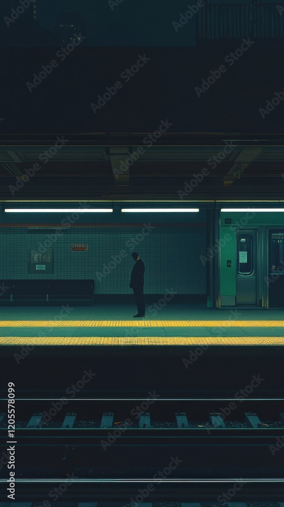 A lone figure waiting at a dimly lit train station platform during the night. A lone figure waiting at a dimly lit train station platform during the night.
