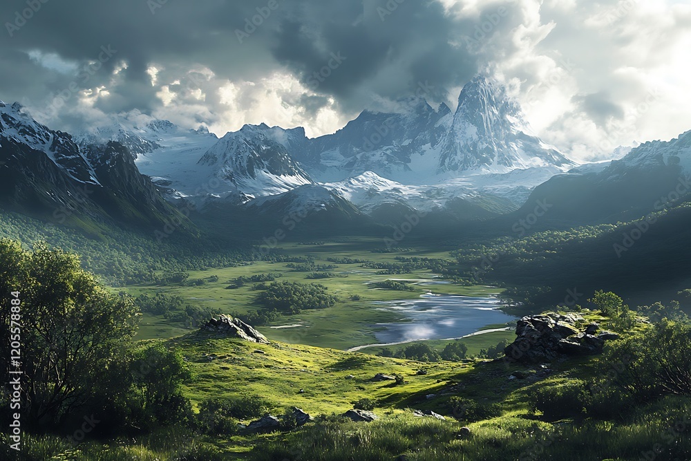 Fototapeta premium Majestic mountain landscape with lush greenery and dramatic skies.
