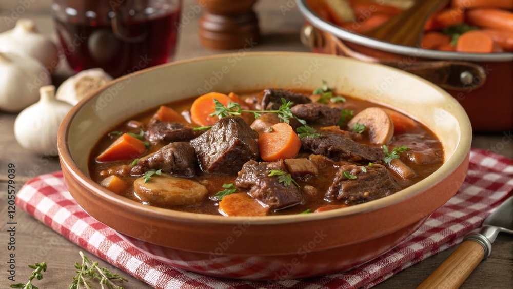 Beef Bourguignon Stew with Vegetables and Red Wine on Rustic Table Beef Bourguignon Stew with Vegetables and Red Wine on Rustic Table