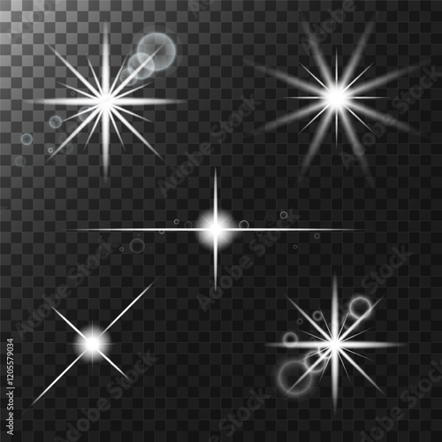 Glowing particles of light, Glare and twinkle of stars set, Starburst and light particles bokeh effect on transparent background. Vector illustration design elements.
