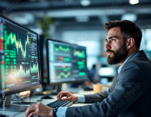 Financial trader, stock market analysis, multiple monitors, green charts, focused expression, bearded man, office environment