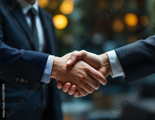 Business handshake, close-up, dark suits, blurred background, warm lighting, corporate agreement, professional attire