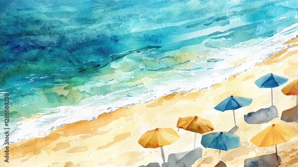 Fototapeta premium Brightly colored umbrellas set up on soft sand contrast against calm blue waves. The sun shines down, creating a lively beach atmosphere perfect for relaxation and enjoyment