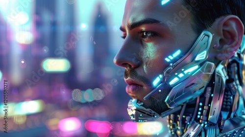 Wallpaper Mural a handsome man with robotic enhancements. A futuristic and beautiful city is in the background. It is day time. Torontodigital.ca
