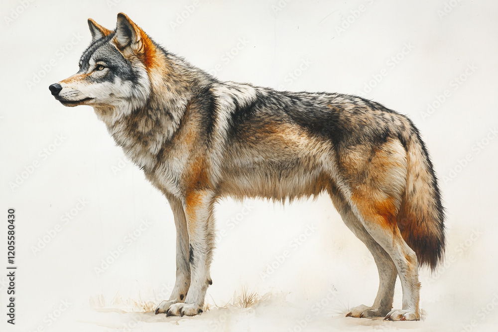 Fototapeta premium Majestic Grey Wolf Standing Profile Watercolor Painting