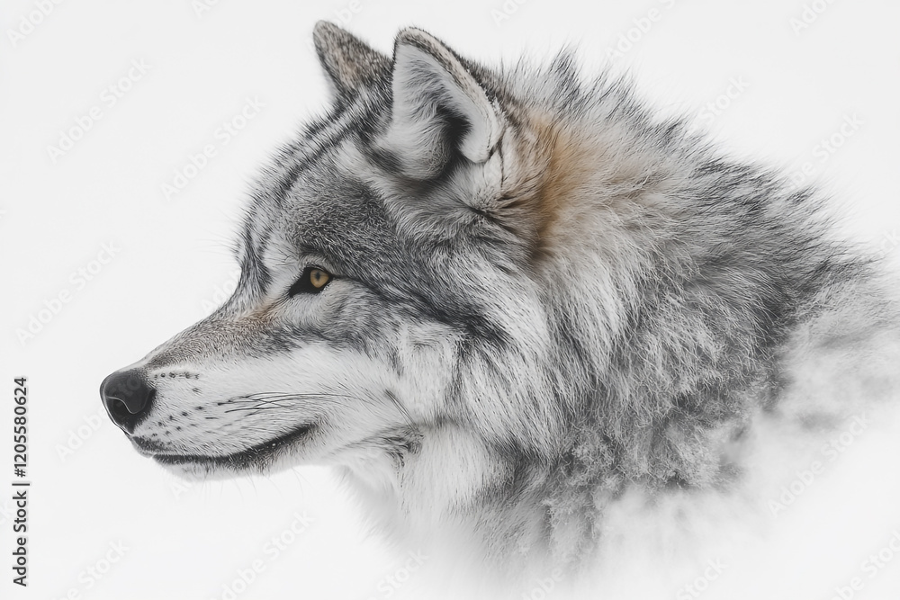 Fototapeta premium Majestic Grey Wolf Profile Against Snowy Background