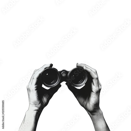 Contemporary artistic collage depicting hands holding binoculars against isolated on transparent or white background with space for text photo