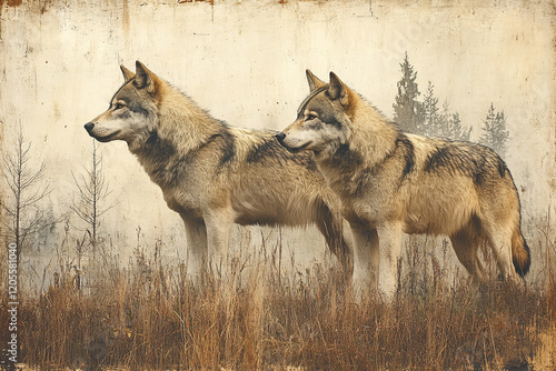 Wallpaper Mural Two Majestic Wolves Standing Tall in a Misty Forest Torontodigital.ca