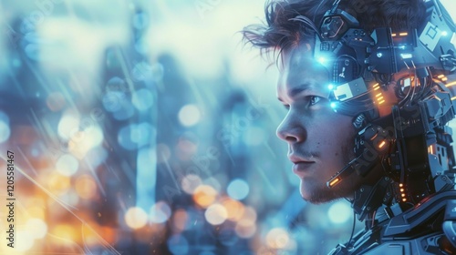 Wallpaper Mural a handsome man with robotic enhancements. A futuristic and beautiful city is in the background. It is day time. Torontodigital.ca