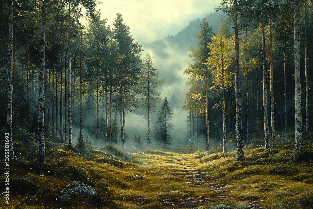 Fototapeta premium Misty Forest Path Winding Through Tall Trees