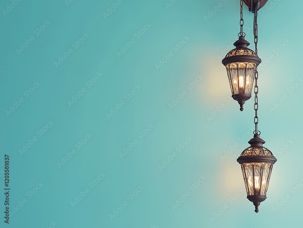 Two Elegant Ornate Hanging Lanterns Against A Teal Wall Two Elegant Ornate Hanging Lanterns Against A Teal Wall