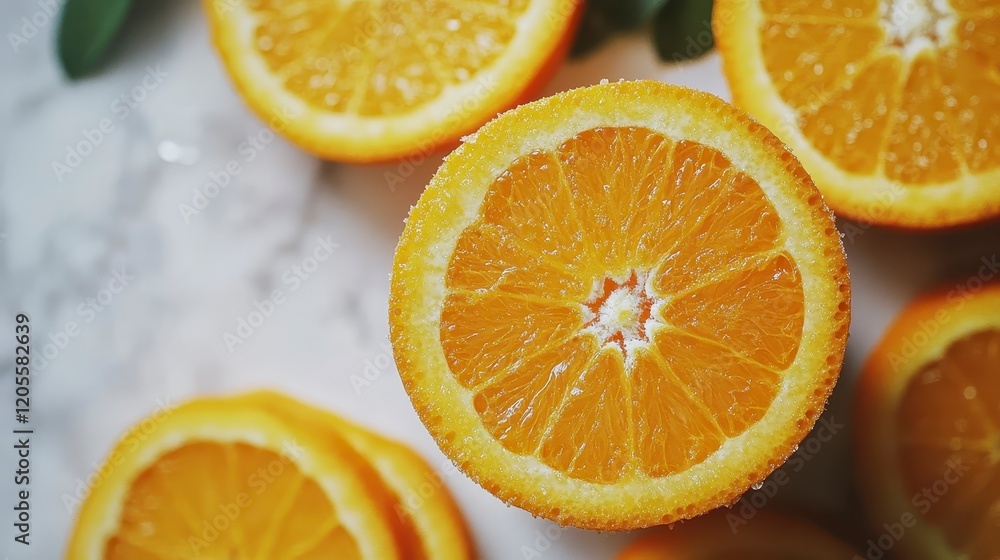 Fototapeta premium Juicy Orange Slices on Marble Background Fresh Citrus Fruit Healthy Food Photography