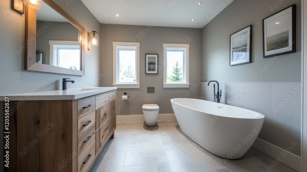 A spacious gray bathroom with a wooden vanity, a freestanding bathtub, and a wall-mounted toilet. Warm lighting highlights the modern aesthetic A spacious gray bathroom with a wooden vanity, a freestanding bathtub, and a wall-mounted toilet. Warm lighting highlights the modern aesthetic