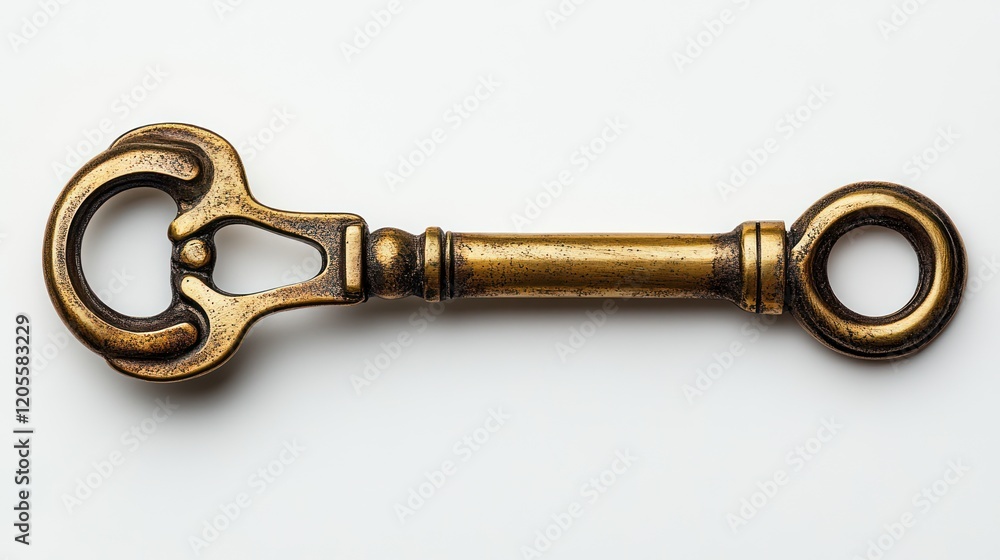 Antique brass key with ornate head and ring. Antique brass key with ornate head and ring.