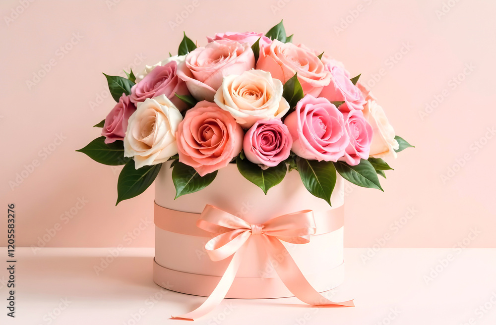Obraz premium A luxurious bouquet of pink and white roses arranged in an elegant round gift box with a satin ribbon is perfect for romantic occasions and floral-themed designs. Selective focus