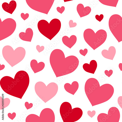 seamless pattern features various sizes of red and pink hearts on a white background, creating a cheerful and romantic design perfect for Valentine's Day or love-themed 