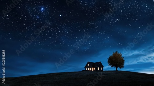 A solitary house stands on a gentle hill beneath a starry night sky. The warm light from its windows contrasts with the cool darkness surrounding it, creating a serene atmosphere