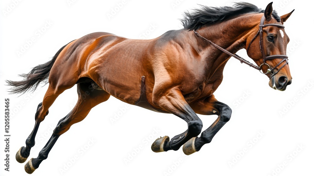 Obraz premium Powerful Bay Horse in Mid Air Jump Equestrian Sport Action Shot Athletic Equine