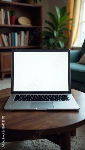 Open laptop showing blank screen sits on dark wood coffee table , ux, computer