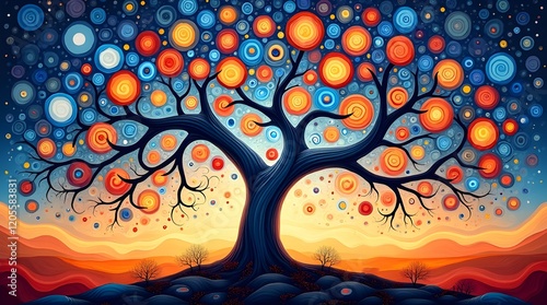 Abstract portrayal of a vibrant, intricate tree with circular details, set against a captivating sunset sky of warm and cool colors. Ideal for decorative or artistic themes in various settings.