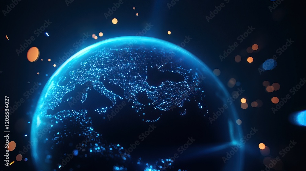 Naklejka premium Glowing globe with digital connections, set against a dark background, showcasing a futuristic perspective.