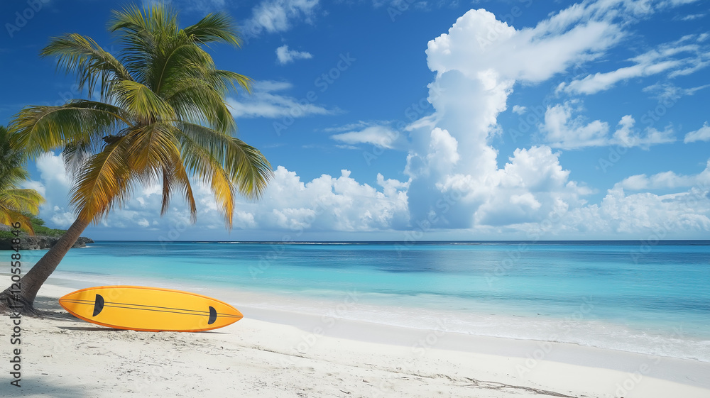 Surfboards against the backdrop of a Hawaiian beach with palm trees and a turquoise ocean. Surfboards against the backdrop of a Hawaiian beach with palm trees and a turquoise ocean.