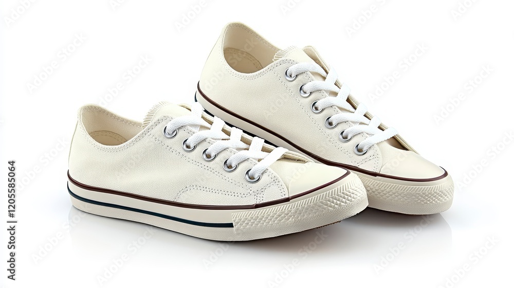 Pair of Cream Canvas Low Top Sneakers Casual Shoes Studio Shot on White Background Pair of Cream Canvas Low Top Sneakers Casual Shoes Studio Shot on White Background