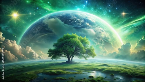 A Serene Landscape with a Majestic Tree Underneath a Vibrant Celestial Sphere and Starry Sky