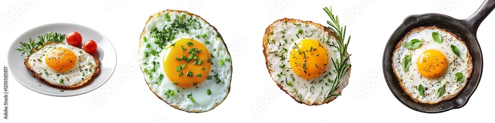 Food isolated collection. Four images of eggs: one served with tomatoes, and others showcasing fried eggs with herbs on different plates and a skillet. Food isolated collection. Four images of eggs: one served with tomatoes, and others showcasing fried eggs with herbs on different plates and a skillet.
