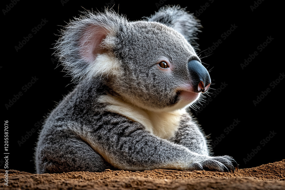 Naklejka premium Adorable Koala Cub Resting on Dark Ground