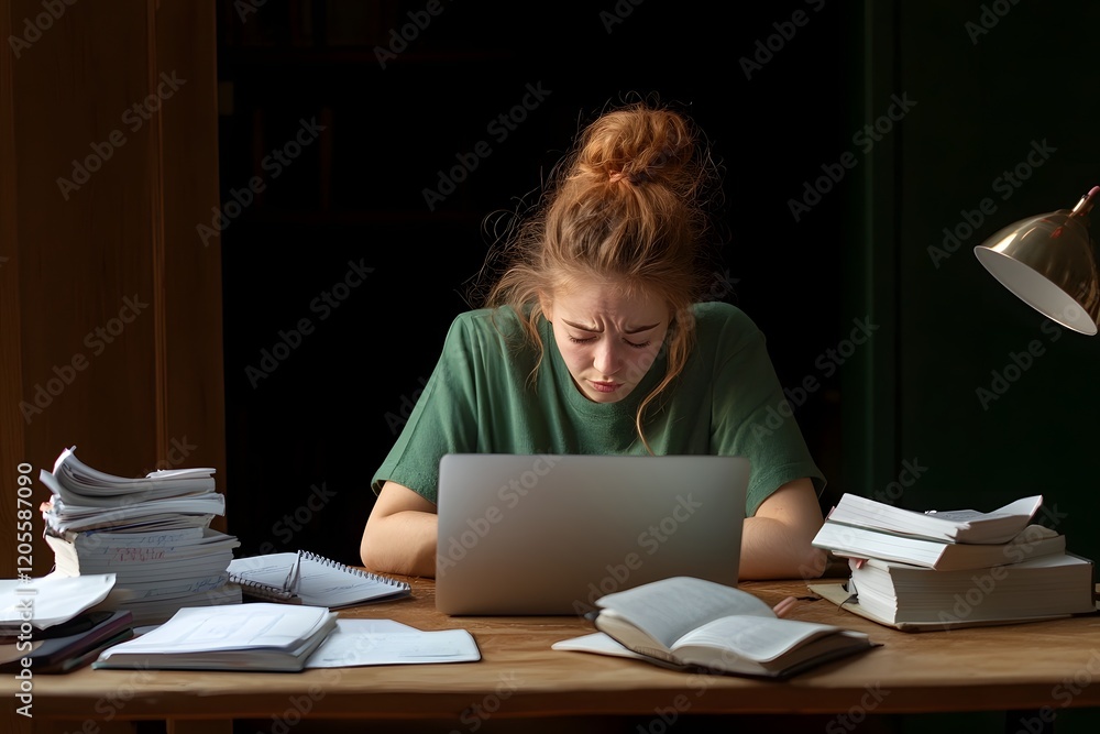 Stressed Young Woman Studies with Laptop and Books at Desk Stressed Young Woman Studies with Laptop and Books at Desk