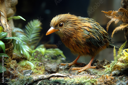 A juvenile speckled mousebird perched on mossy ground photo