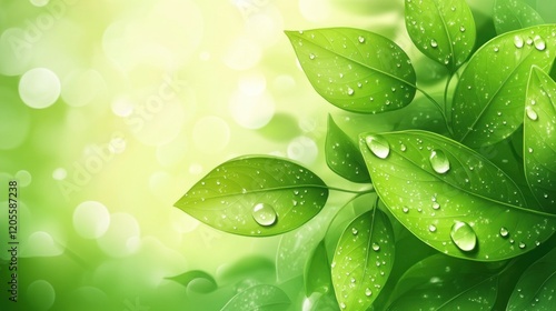 Dewy green leaves, sunny bokeh background, nature, spring