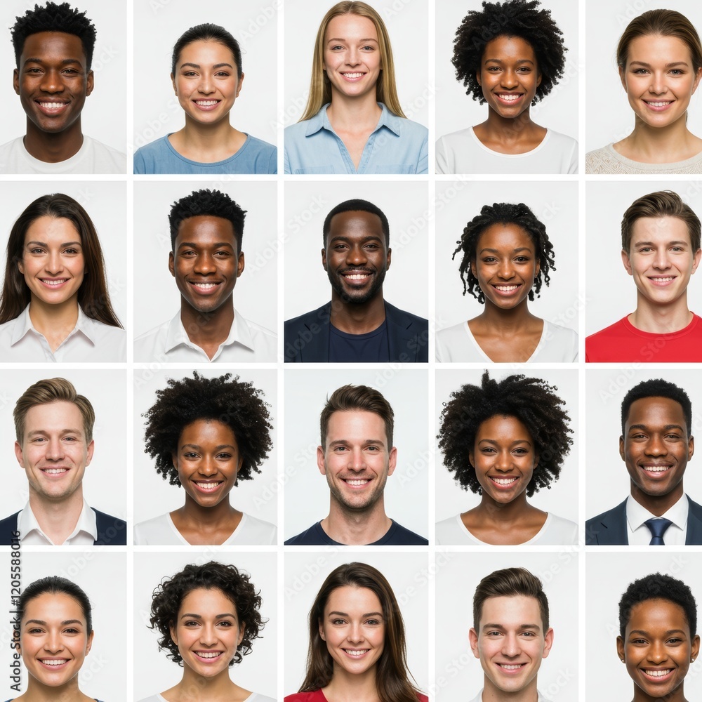 A collage of multiple headshots of people of different ages, genders, and ethnicities, arranged in a grid with each person smiling and looking directly at the camera, conveying a cheerful and friendly A collage of multiple headshots of people of different ages, genders, and ethnicities, arranged in a grid with each person smiling and looking directly at the camera, conveying a cheerful and friendly