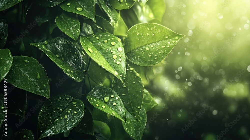 Fototapeta premium Dew-kissed leaves, garden, sunlight, bokeh, nature