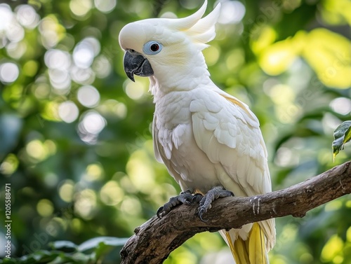 A white cockatoo bird perched on a tree branch with blurred green foliage in the background
