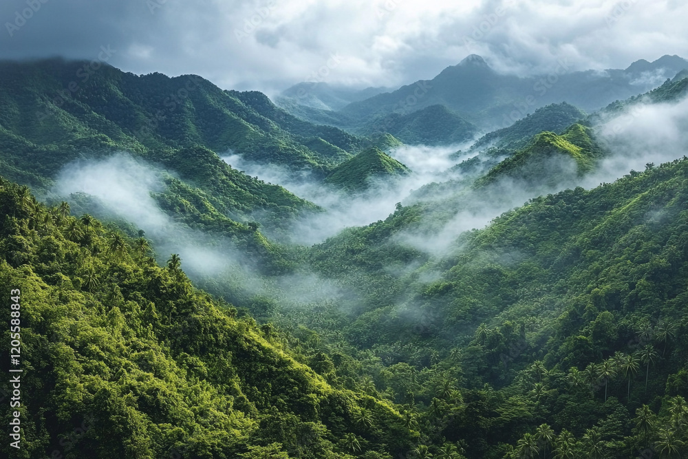 Obraz premium Misty Mountains Lush Green Tropical Rainforest Landscape