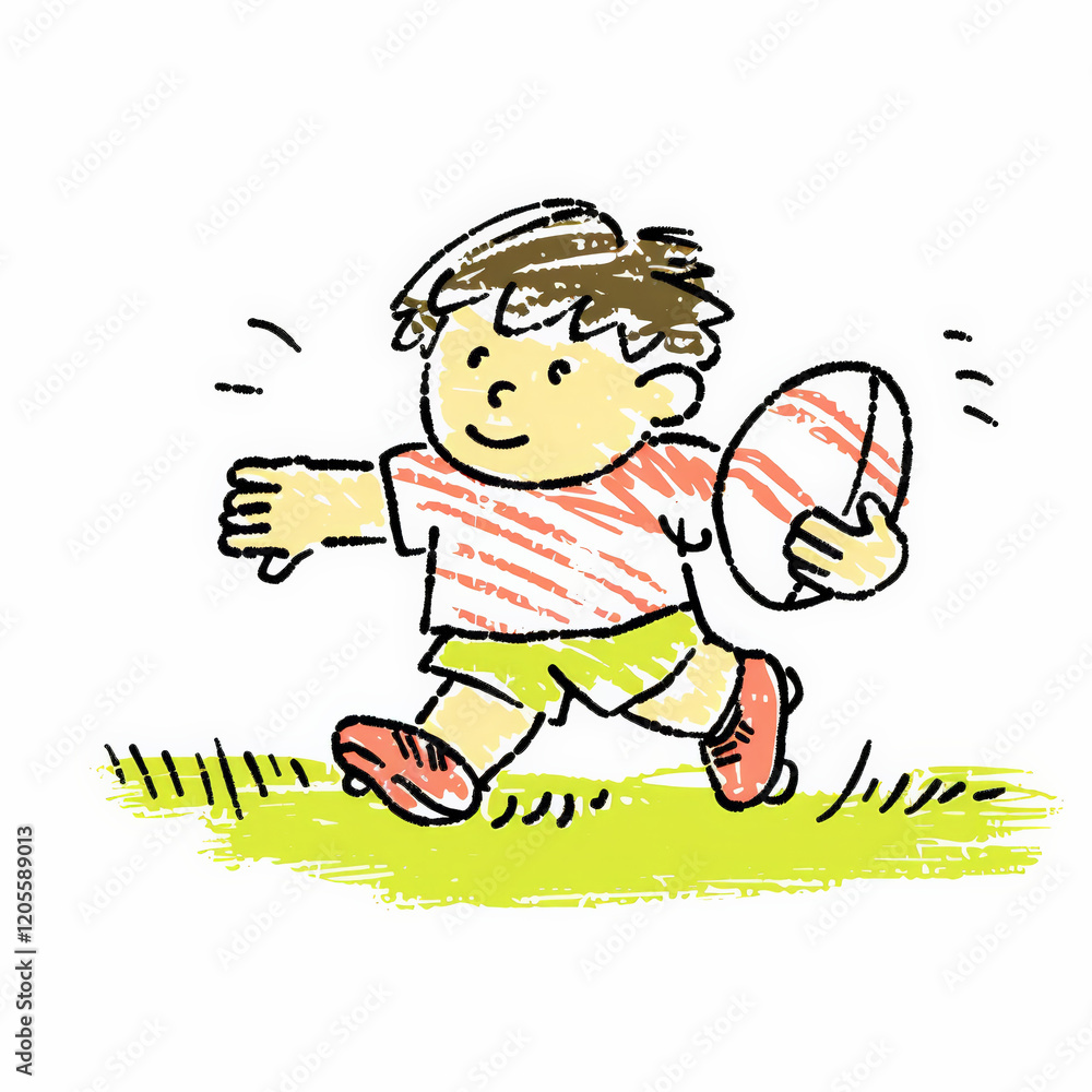 cheerful boy running with rugby ball on grassy field cheerful boy running with rugby ball on grassy field