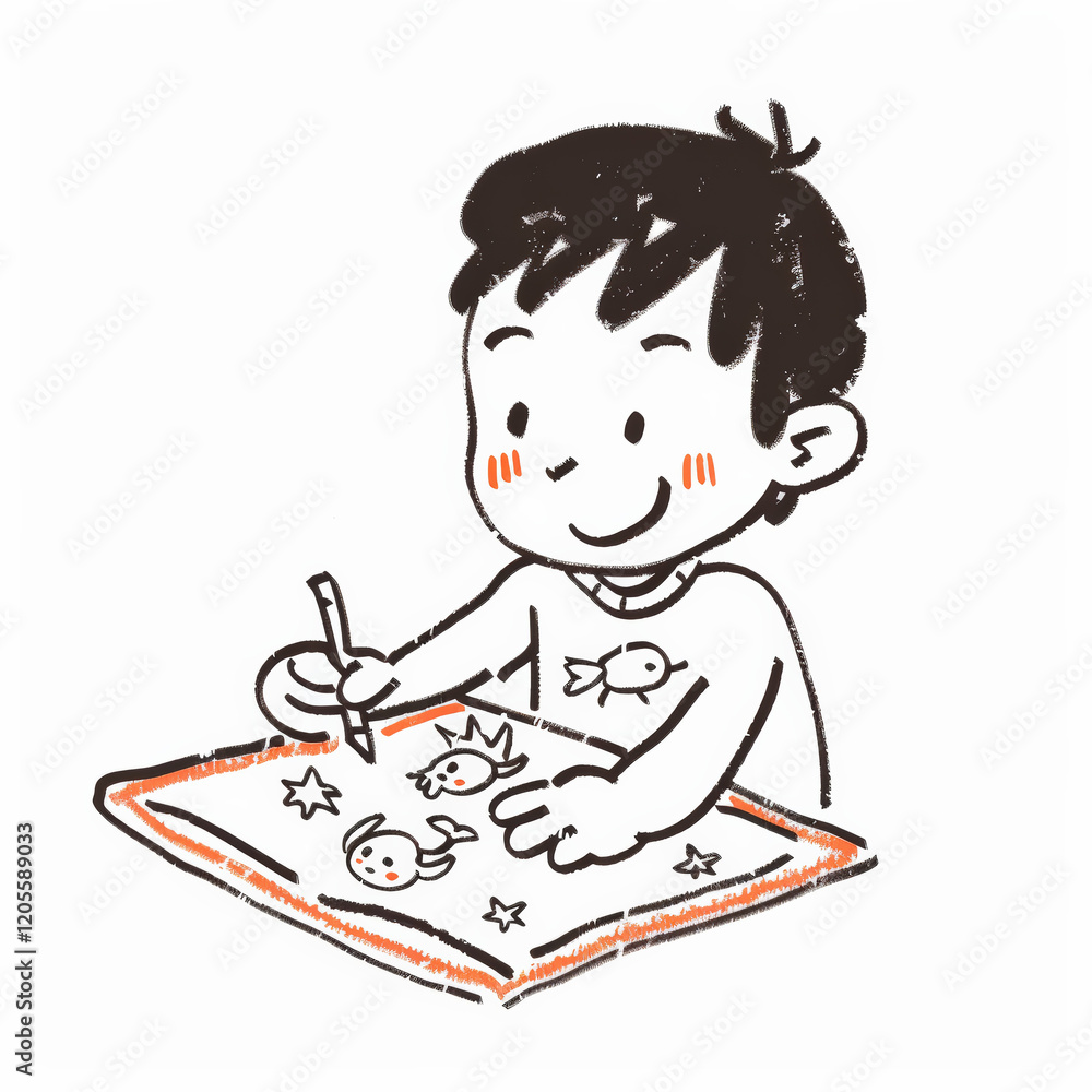 boy drawing fish and stars with smile on his face, enjoying creativity boy drawing fish and stars with smile on his face, enjoying creativity
