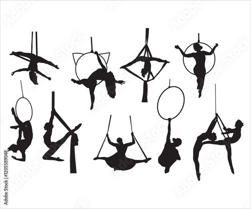 Aerialist Silhouettes Clip Art, Aerialist SVG, Aerialist clipart, Aerial Silks Png, Circus Performers Acrobats svg, aerialist svg