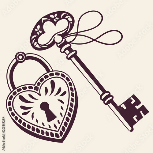 A silhouette of a heart-shaped lock and key