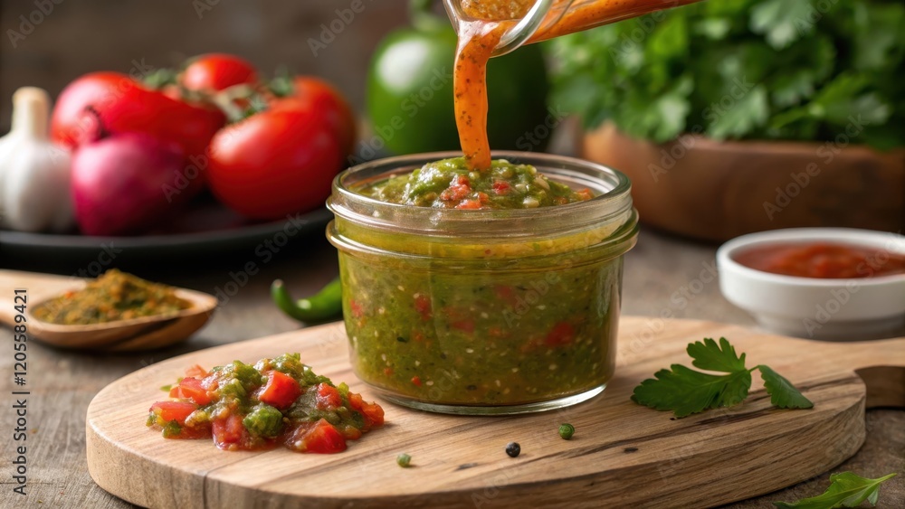 Cilantro Sauce Poured from Glass Container on Wooden Cutting Board with Fresh Vegetables Cilantro Sauce Poured from Glass Container on Wooden Cutting Board with Fresh Vegetables