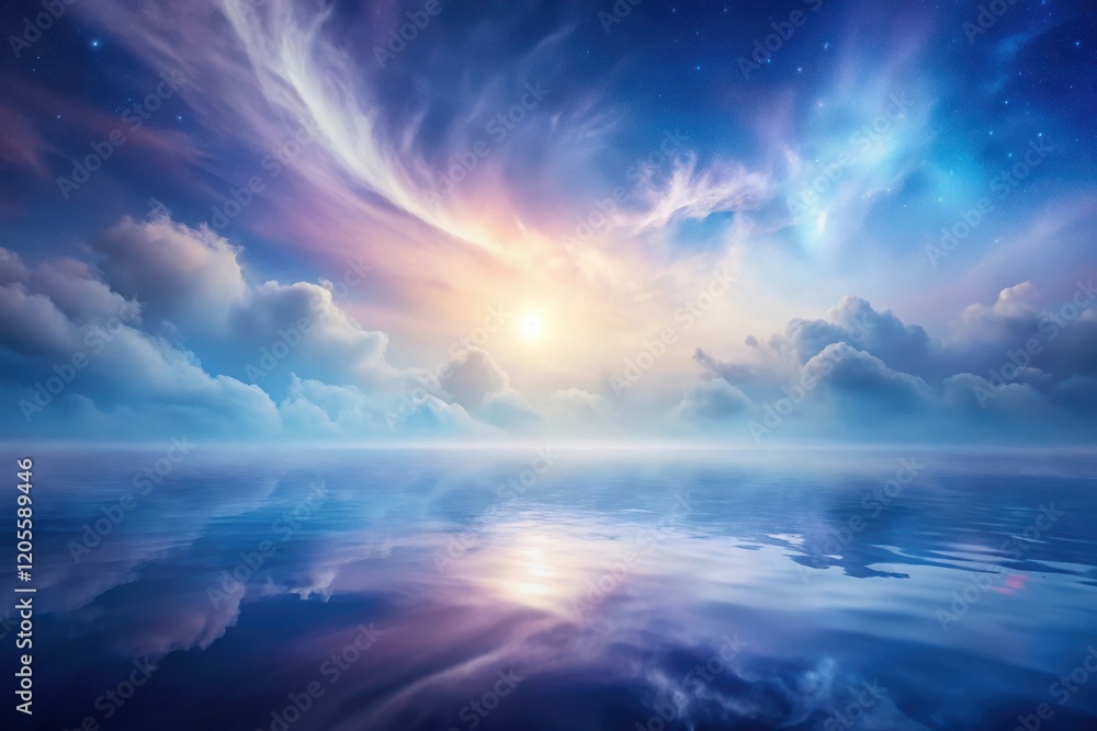 Serene dreamscape A breathtaking celestial sunset over a calm ocean, reflecting the vibrant colors of the sky and clouds, creating a captivating and peaceful atmosphere. Serene dreamscape A breathtaking celestial sunset over a calm ocean, reflecting the vibrant colors of the sky and clouds, creating a captivating and peaceful atmosphere.