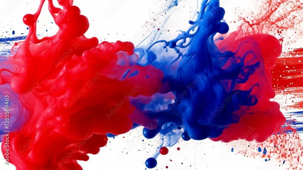 Swirling red and blue paint creates dynamic patterns against a white background in an artistic display