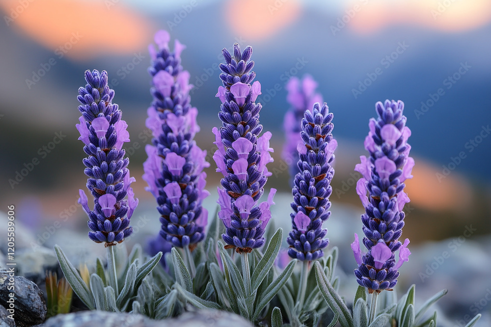 Fototapeta premium Lavender Blossoms at Sunset Mountain Landscape